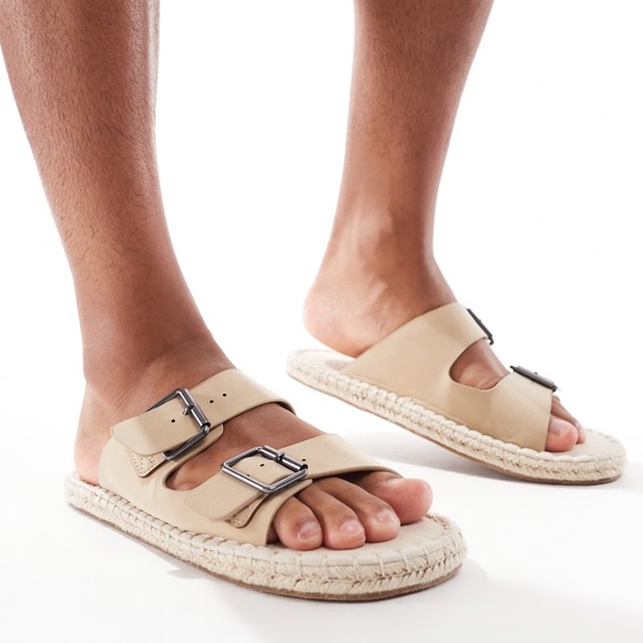 NWT Asos Men's Tan 2 Buckle Espadrilles Stone Sandals12 - Picture 1 of 8